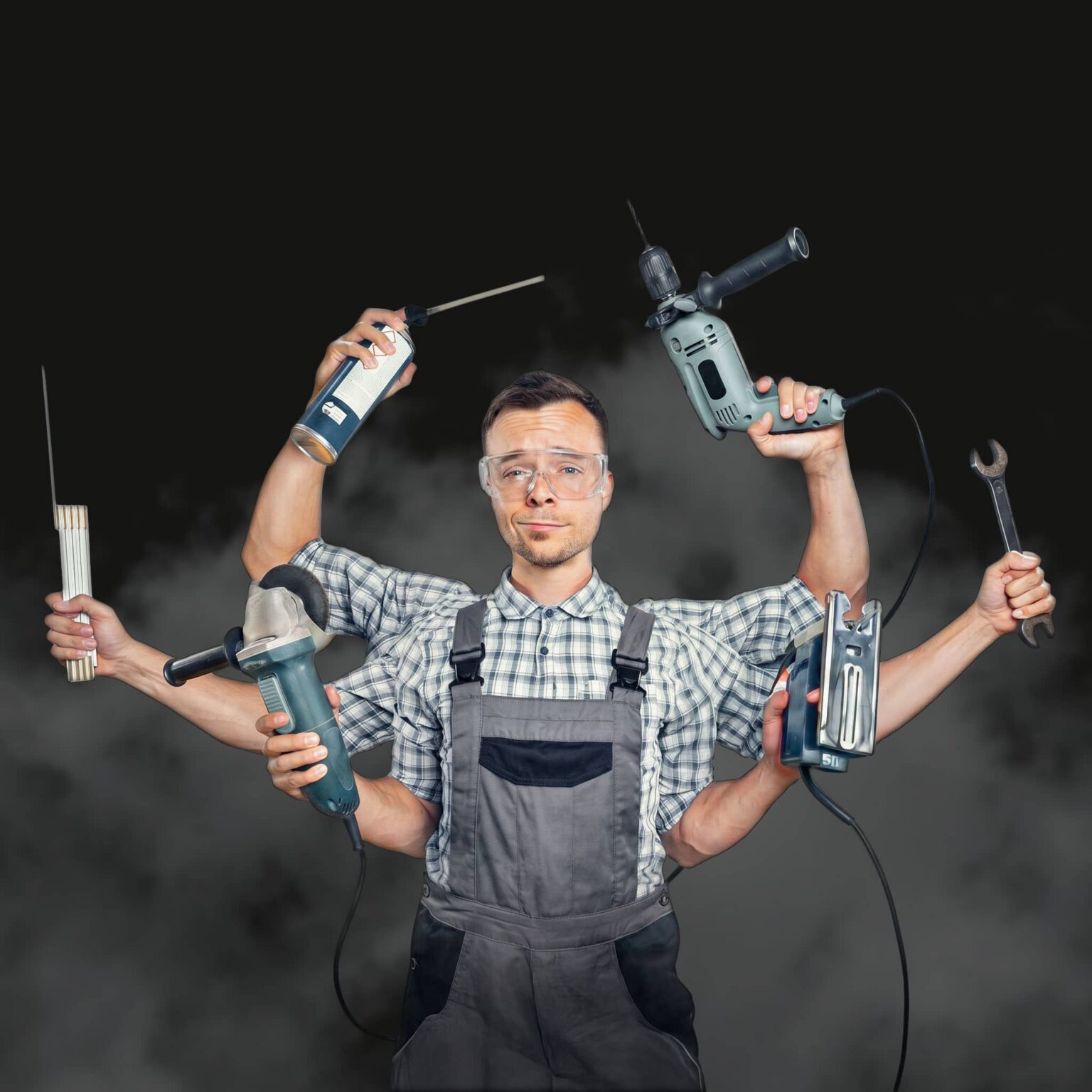 Ein vielseitiger Hausmeister mit sechs Armen, der verschiedene Werkzeuge hält – ein kreatives Porträt, das die Tatkraft, das Multitasking und den persönlichen Einsatz im Facility Management von Sven König symbolisiert.