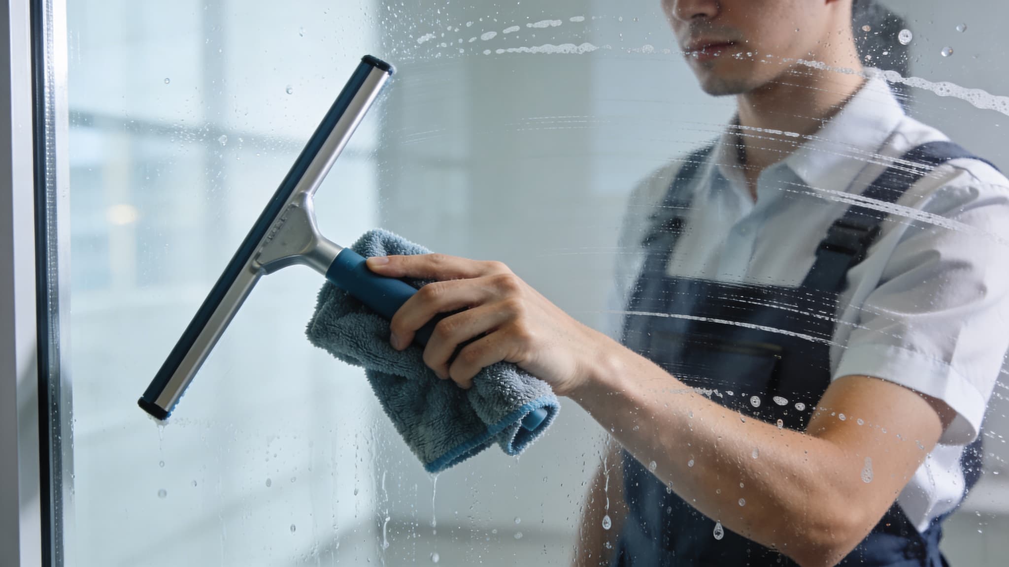 Ein professioneller Mitarbeiter in Arbeitskleidung reinigt gründlich eine Glasscheibe mit einem Abzieher und einem Tuch. Symbolbild für die zuverlässige Innenpflege und professionelle Glasreinigung durch den Hausmeisterservice Sven König in Köln, Bonn und Troisdorf.